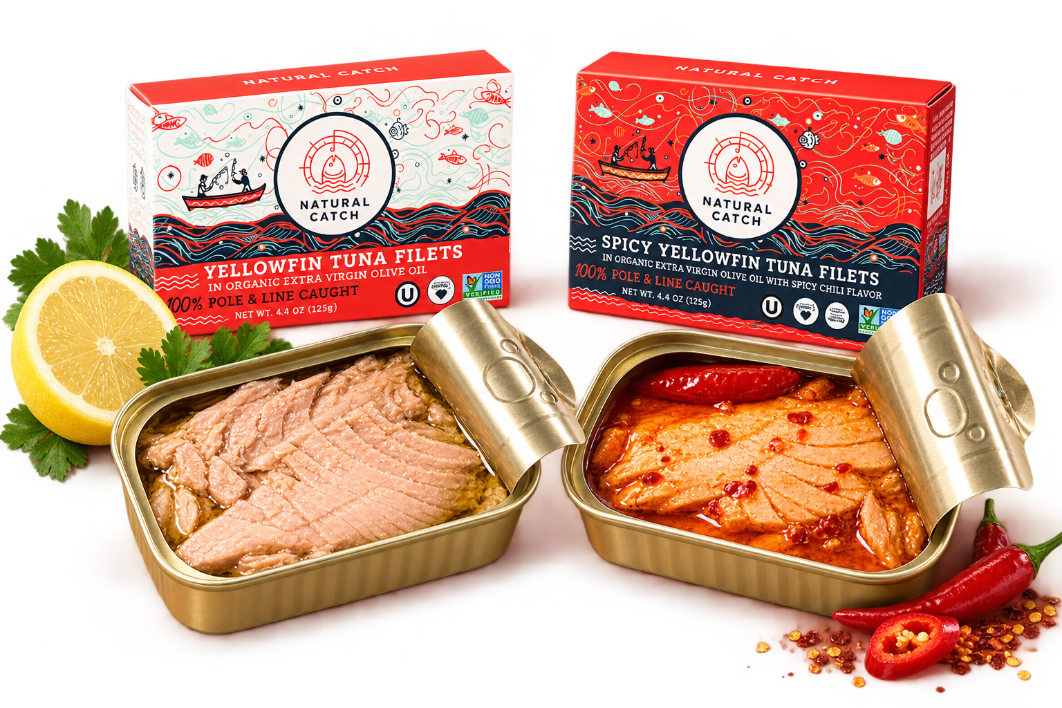 Canned tuna fillets in gold tins with lemon and seasoning.