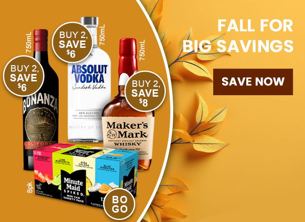 Promotional image featuring liquor bottles and savings offers for fall.