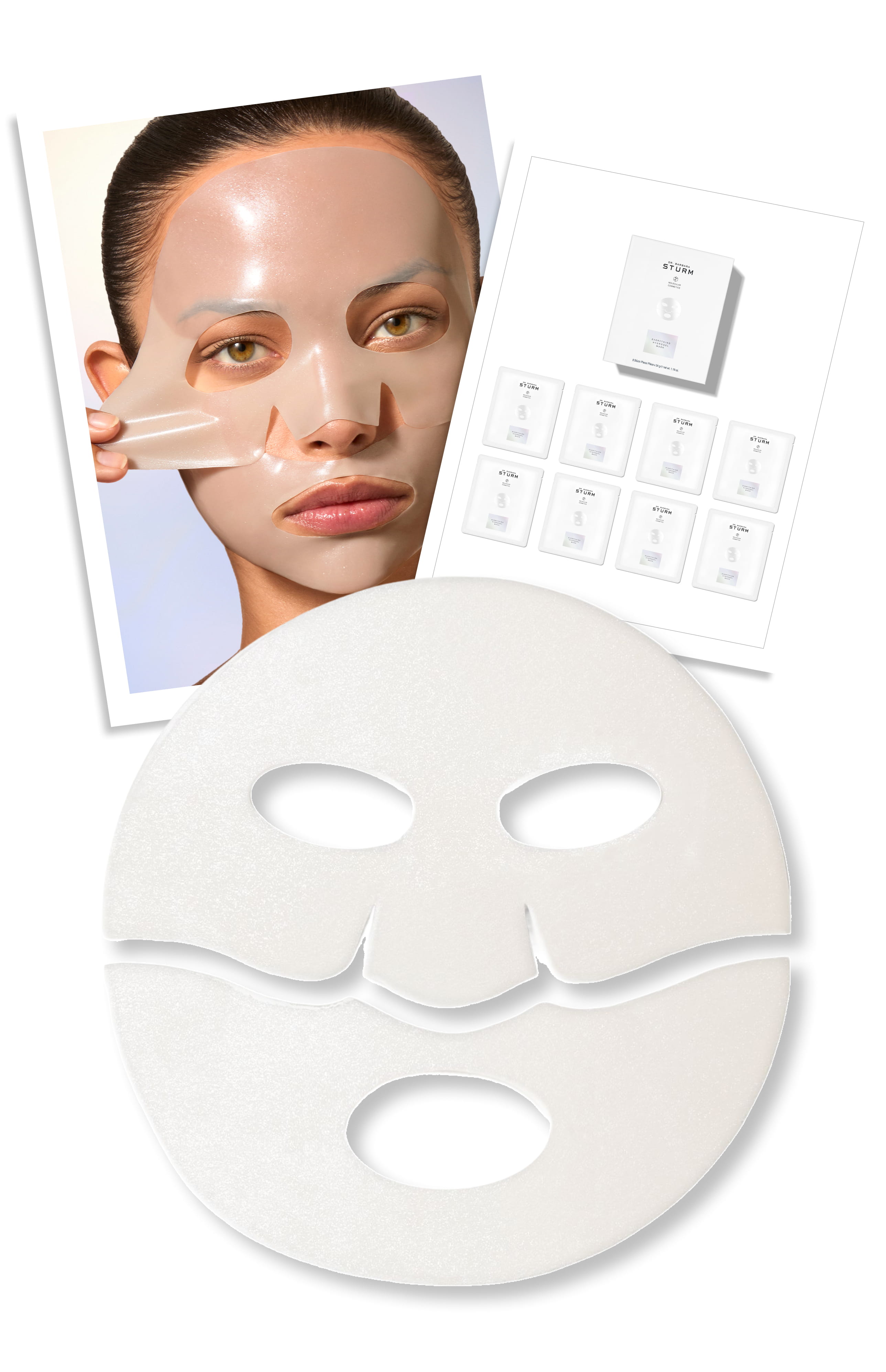 Sheet mask packaging with a model applying the mask.
