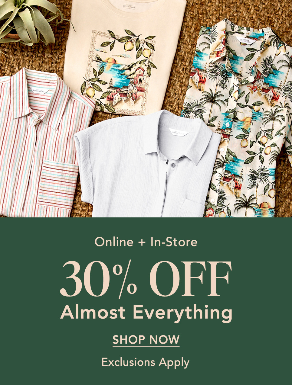 Promotional image for clothing sale, featuring shirts and discount details.