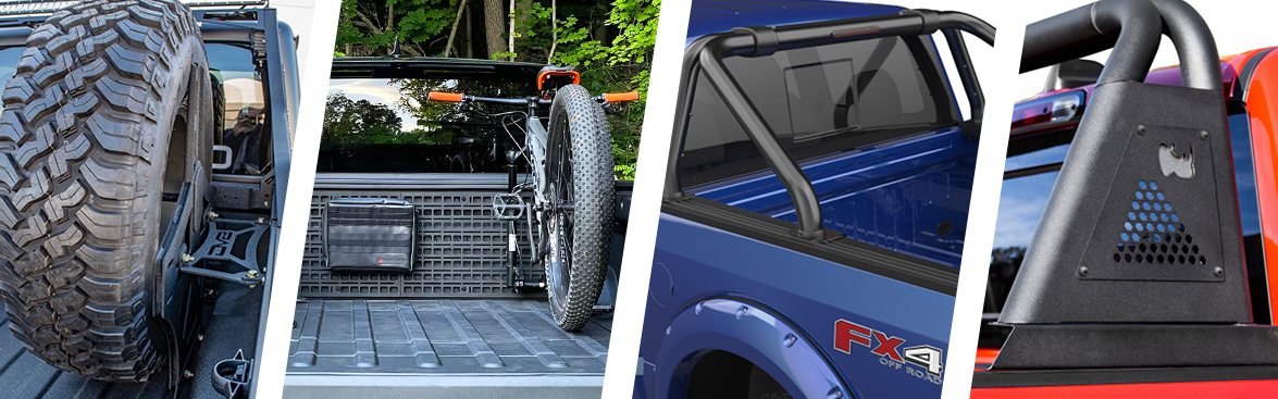 Photo collage of various off-road vehicles with truck bed bars and racks.