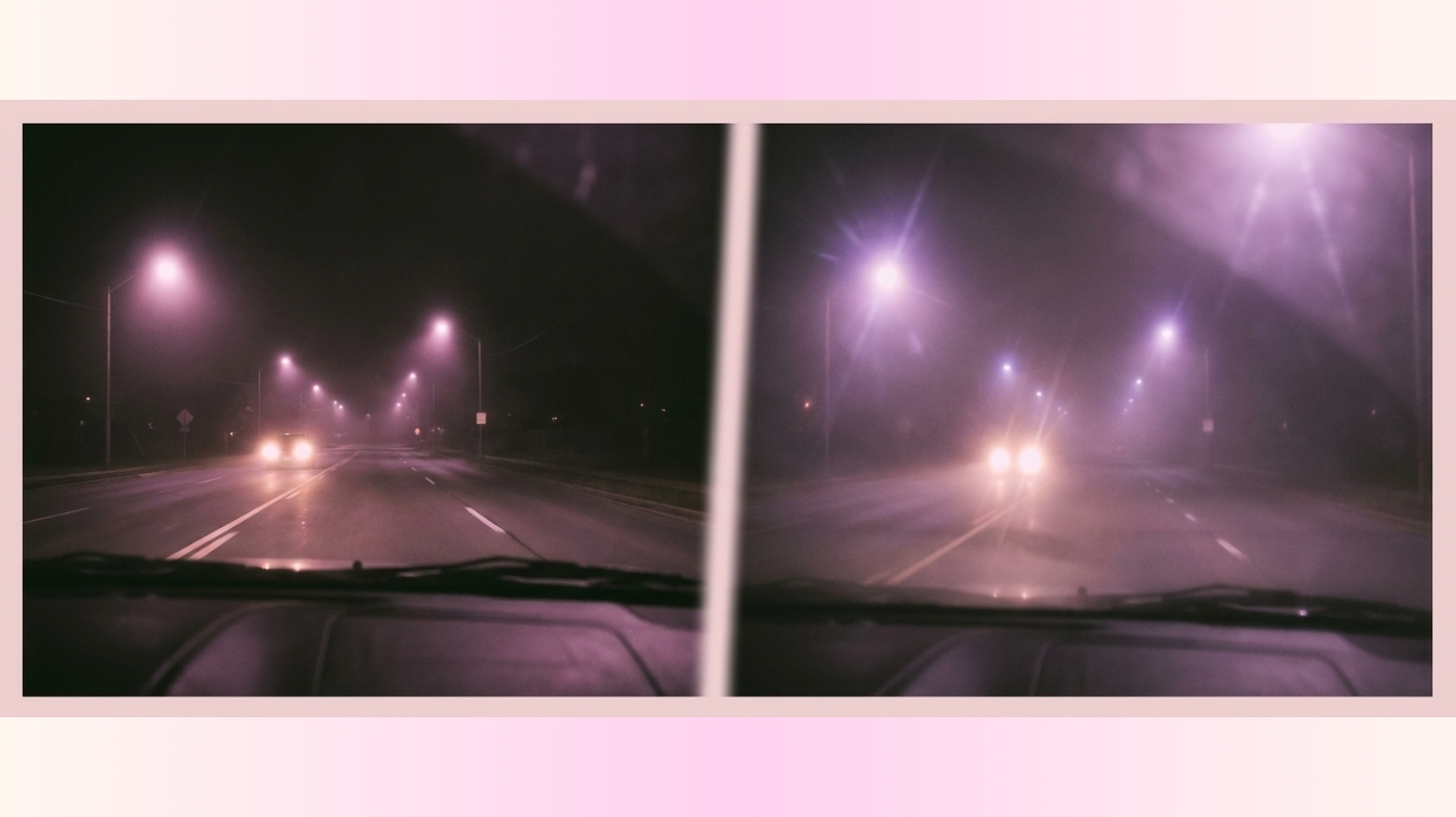 Side-by-side simulation of normal night vision versus impaired night vision while driving, showing halos and glare