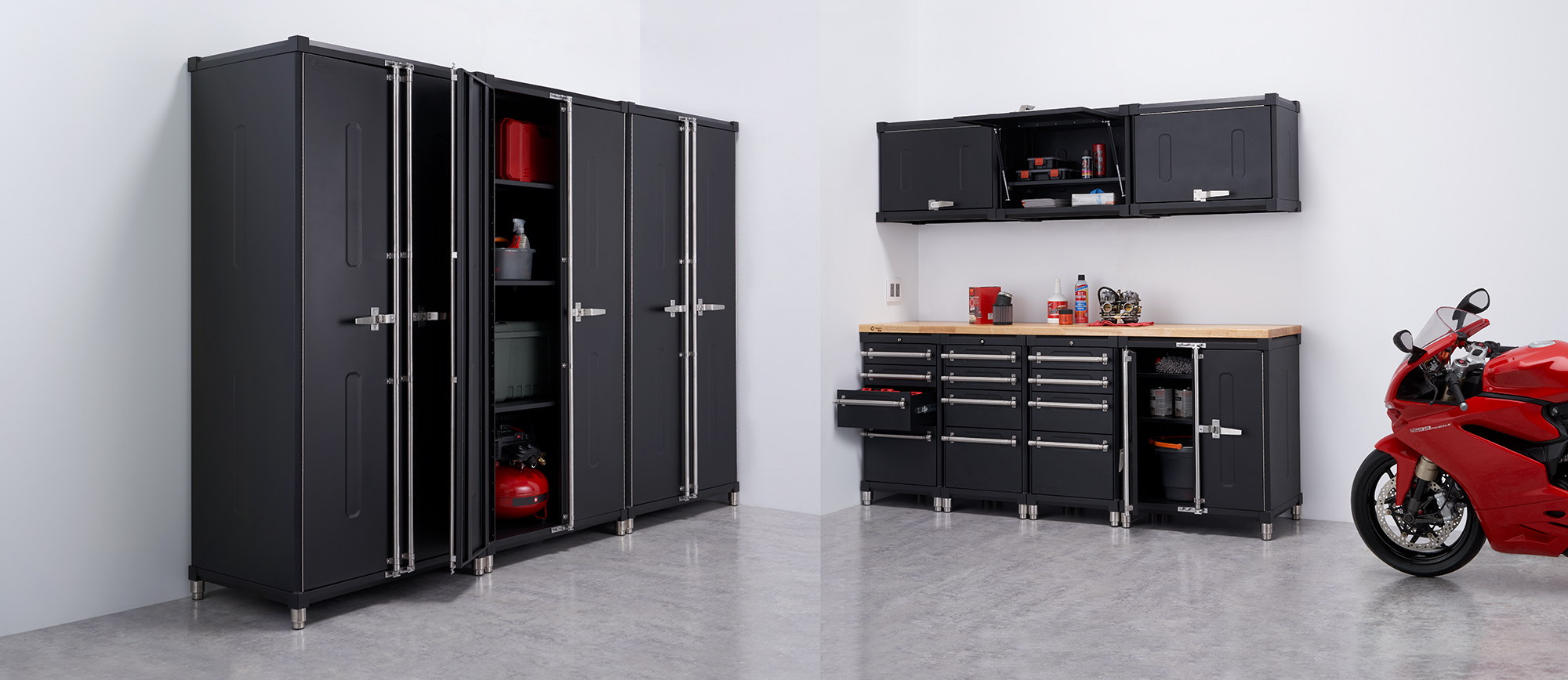 trinity pro garage cabinet set with 3 base cabinets with drawer