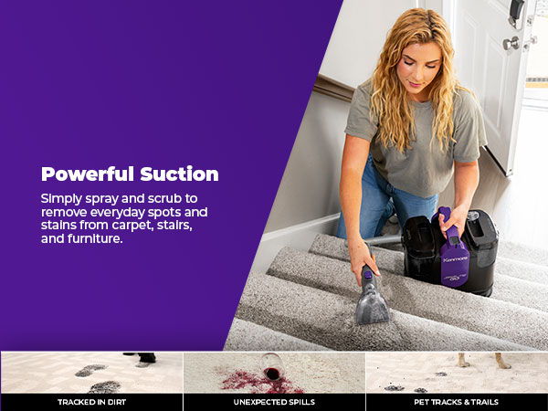 Woman cleaning carpet stains with a spot cleaner on stairs.
