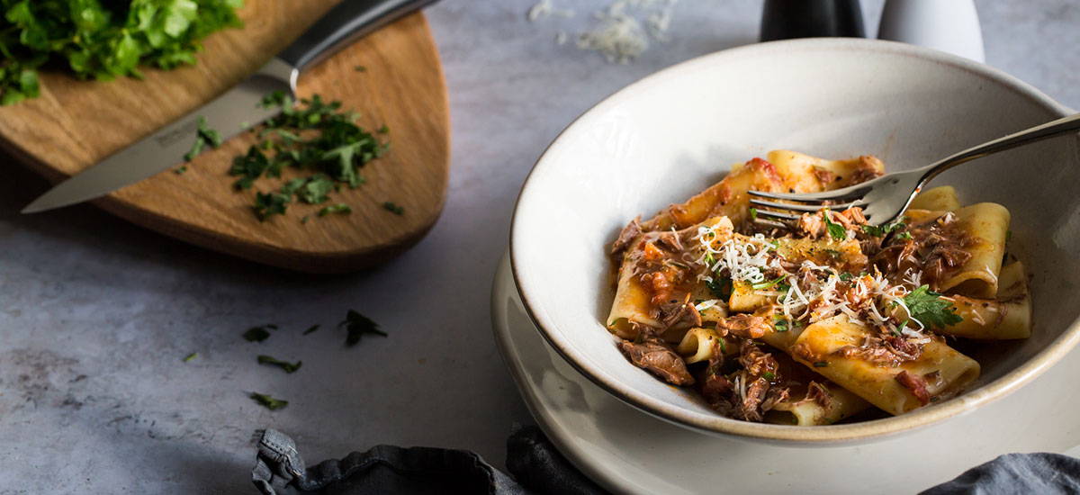 Slow Cooked Duck Ragu with Paccheri Pasta