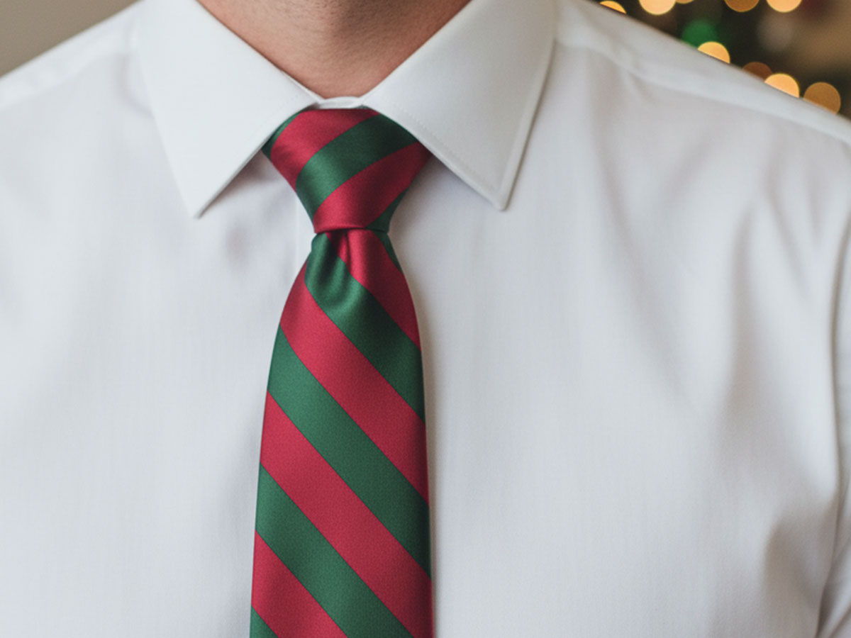 Man wearing a crimson red and hunter green striped tie