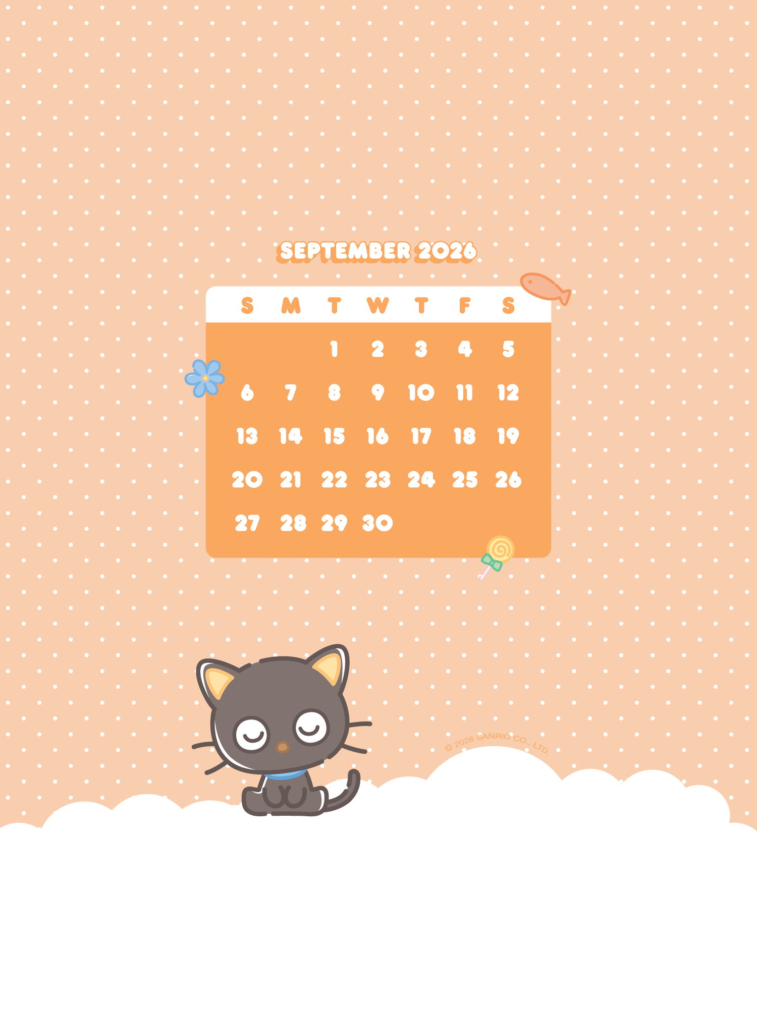 Cute black cat with a calendar for September 2024 on a peach background.