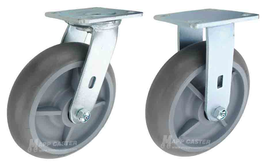 Ergonomic Thermoplastic Rubber Casters in Swivel & Rigid Plate Casters. Floor Safe for tile, hardwood & finished floors. 