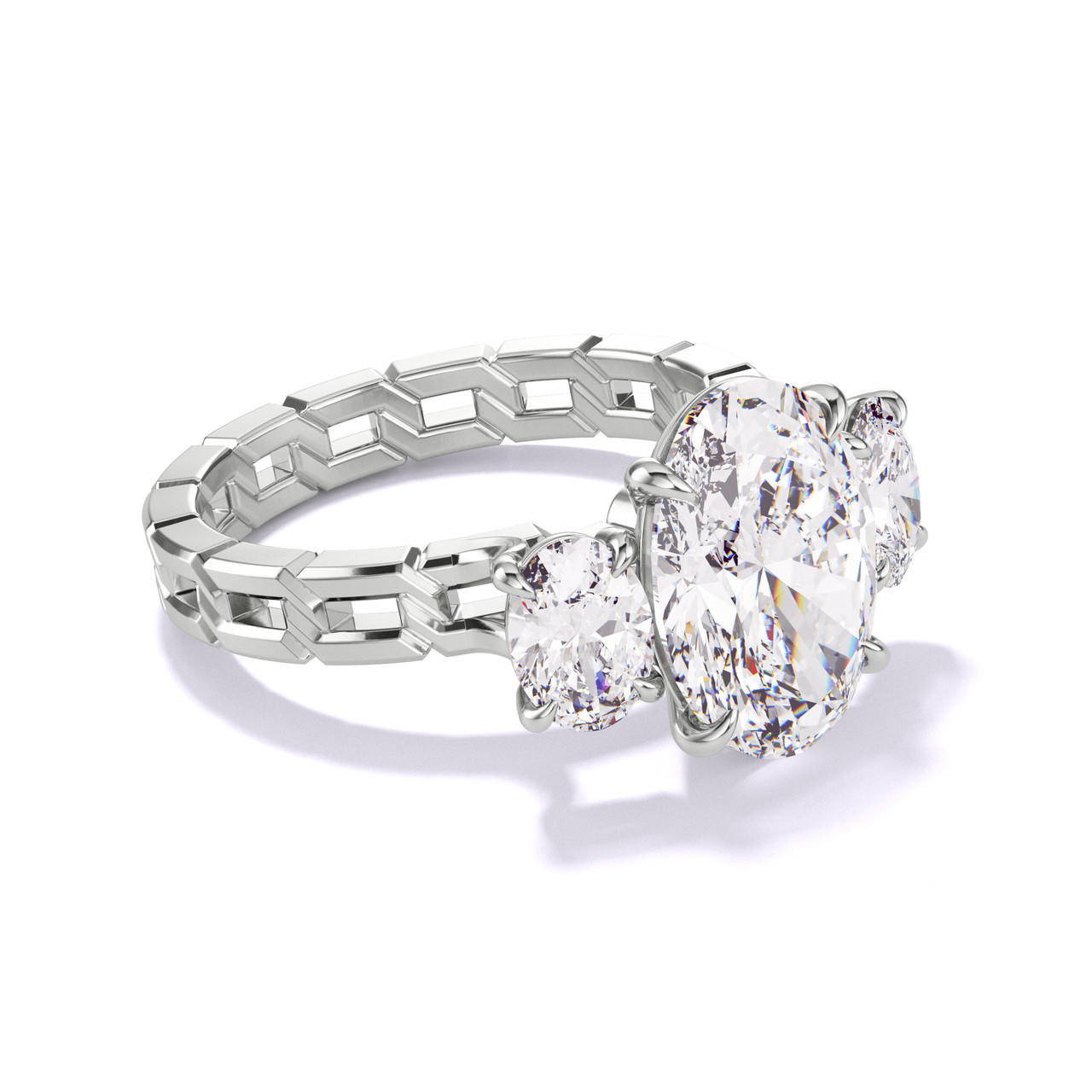 Platinum Oval Engagement Ring with a Three Stone 16 Link Setting