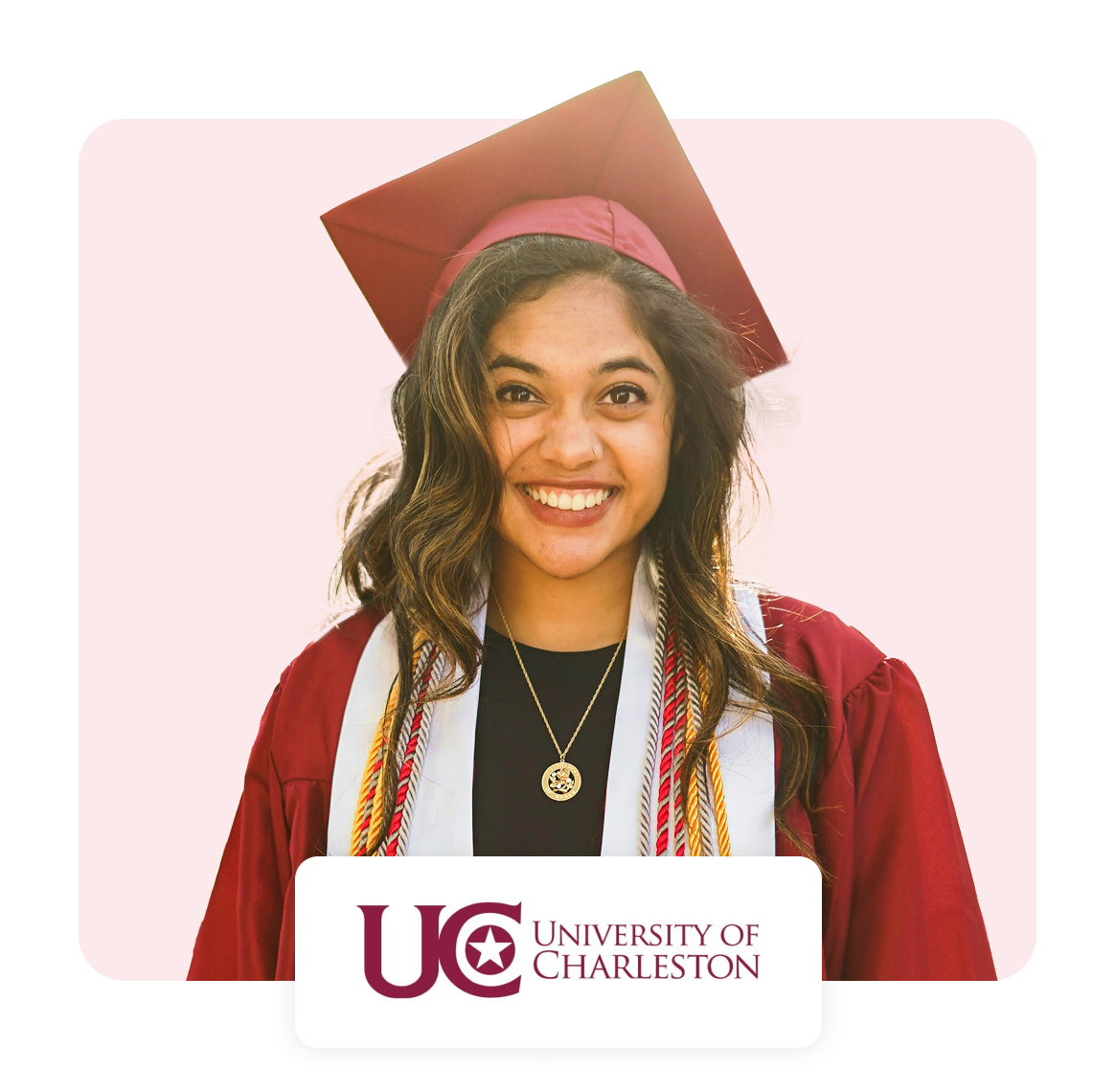 Smiling graduate in cap and gown with University of Charleston logo.