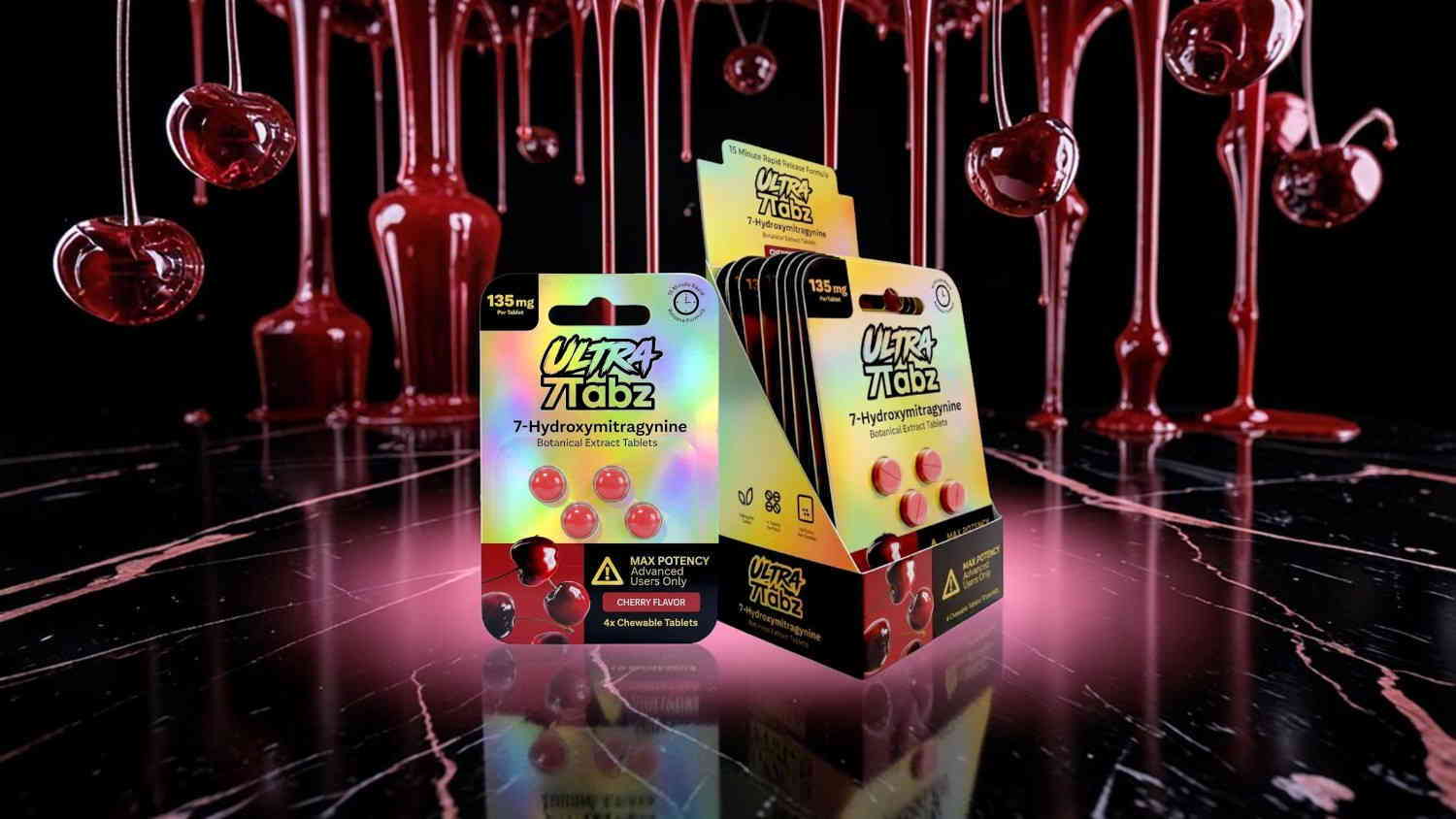Colorful product packaging with dripping red elements on a dark background.