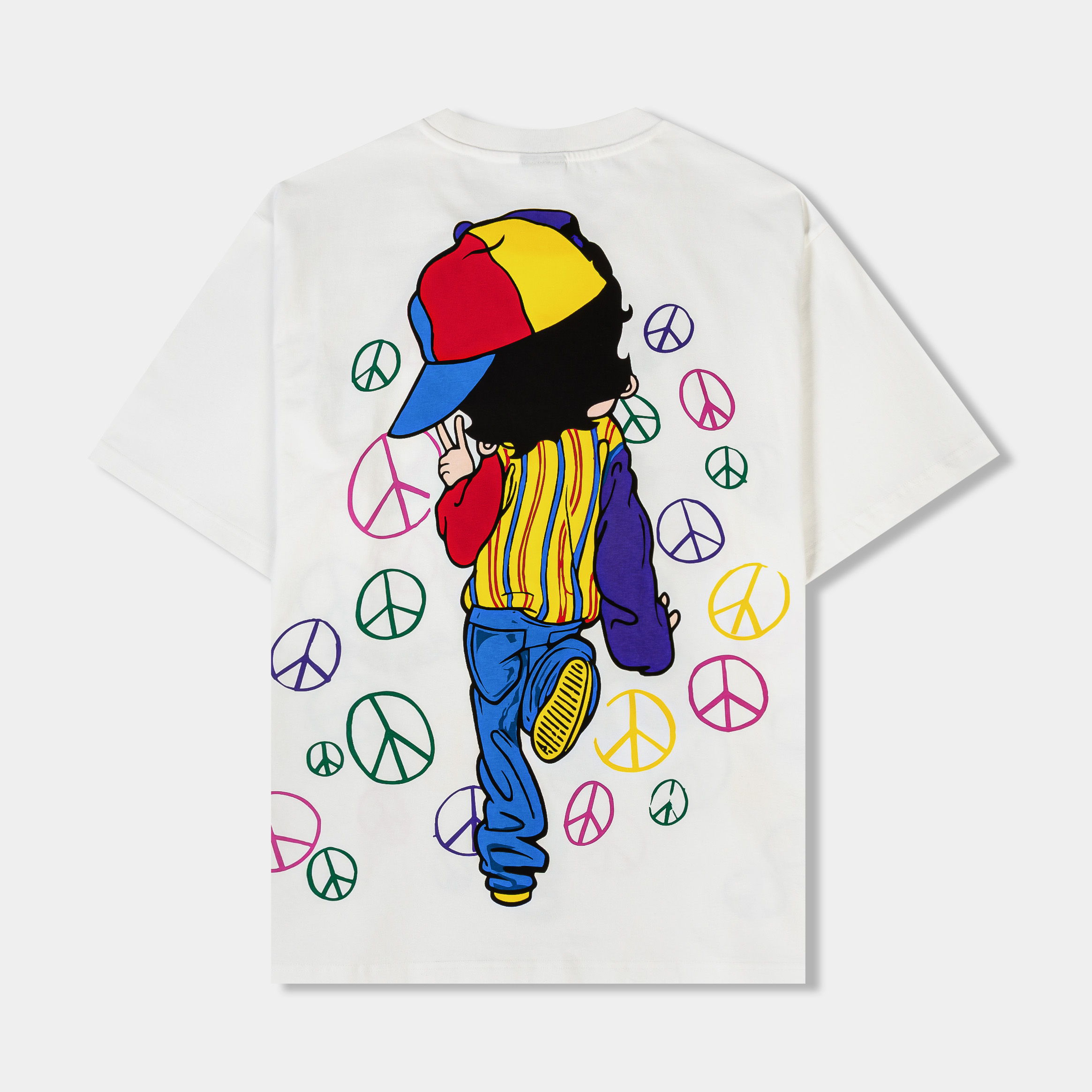 T-shirt featuring cartoon character with peace signs and colorful attire.