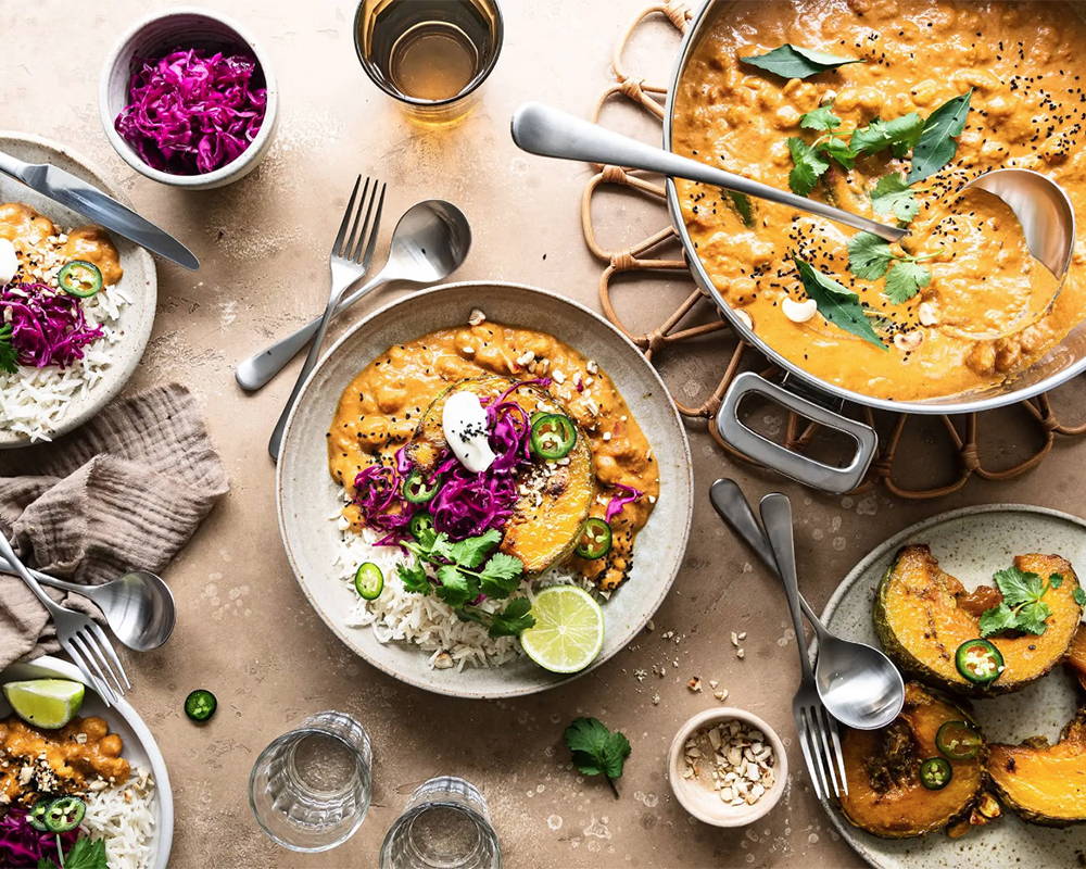 Chickpea makhani with spiced roasted crown prince squash