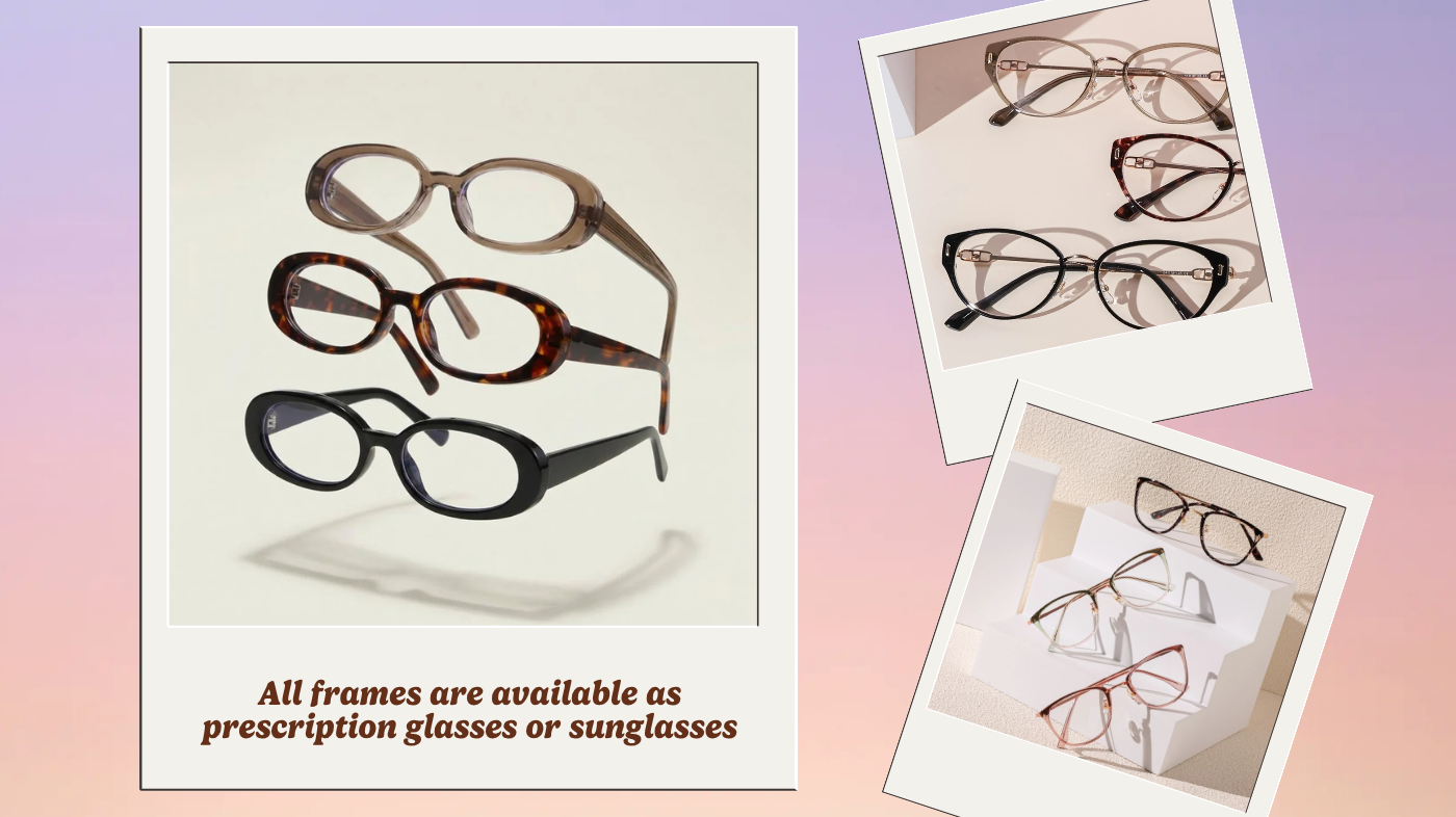 Stylish eyeglasses arranged on a vanity tray with lifestyle accessories