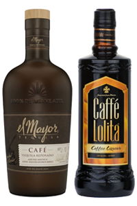 Two bottles of coffee liqueur, one dark and one lighter.