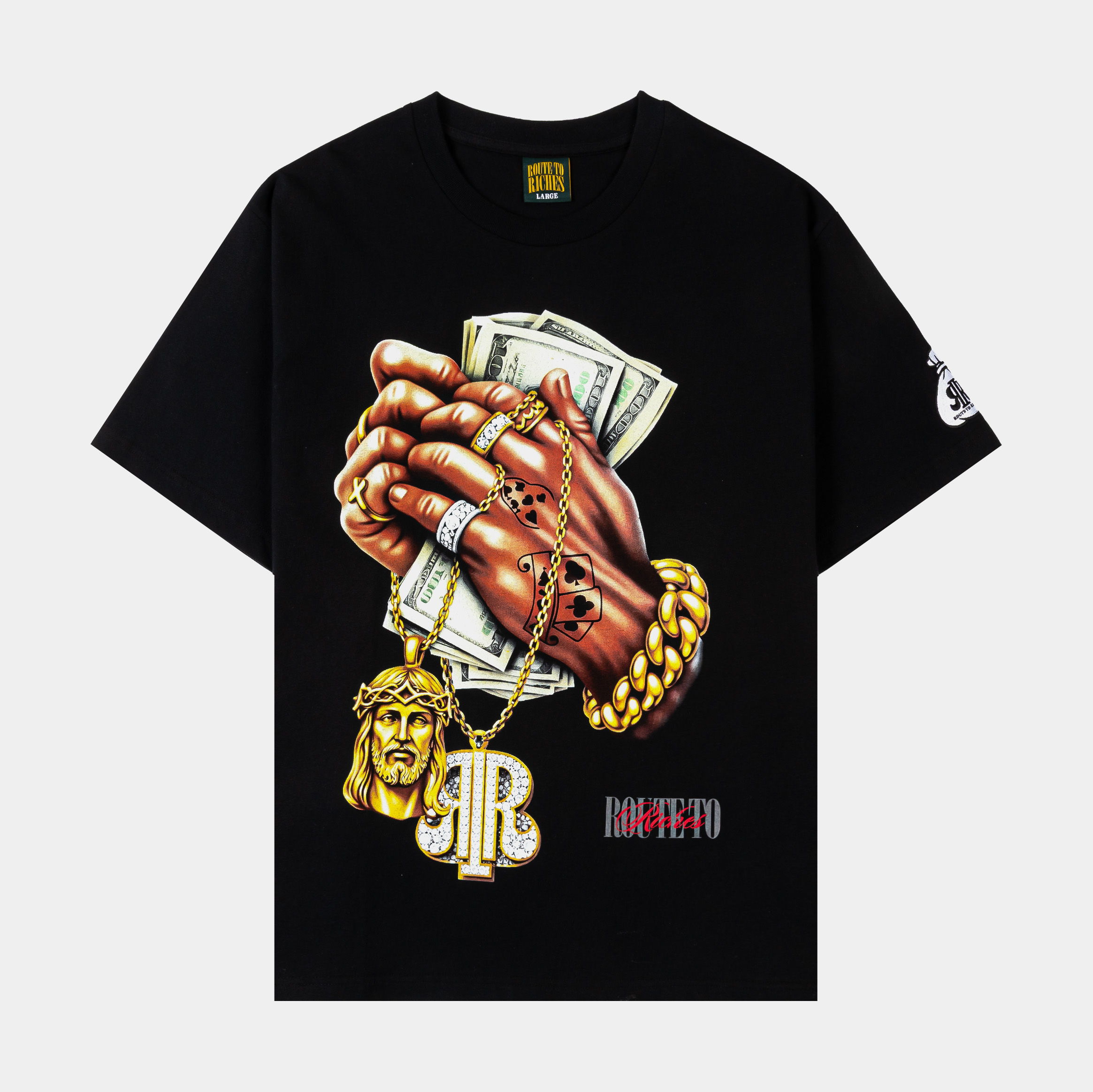 Black t-shirt featuring hands holding money and gold chains.
