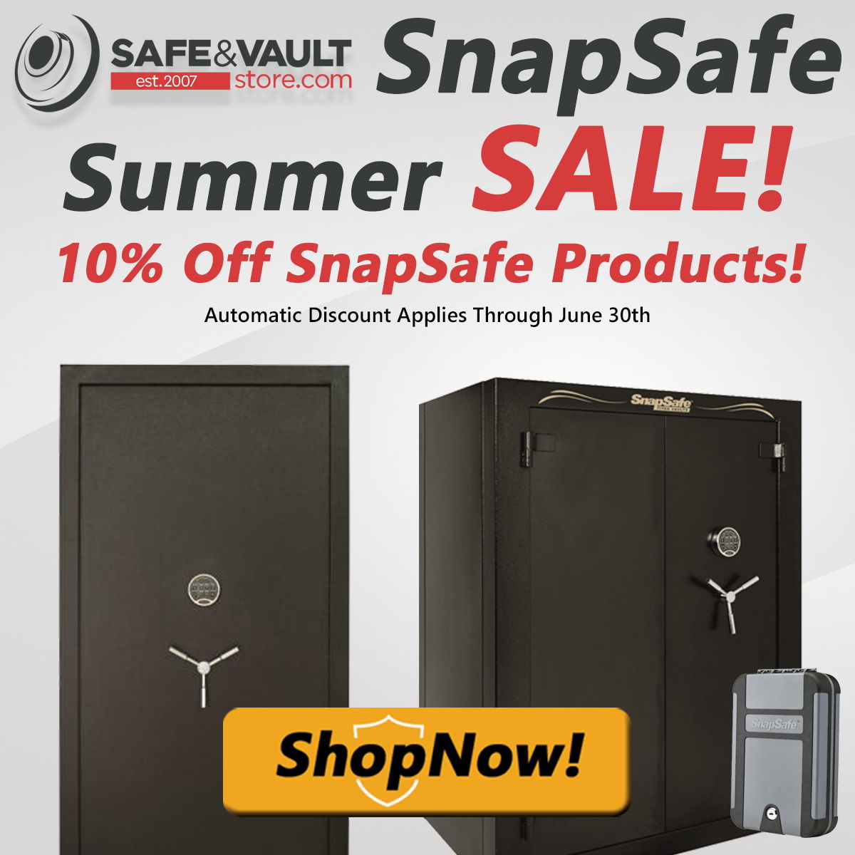 Promotional banner for 10% off SnapSafe products ordered in June 2026.