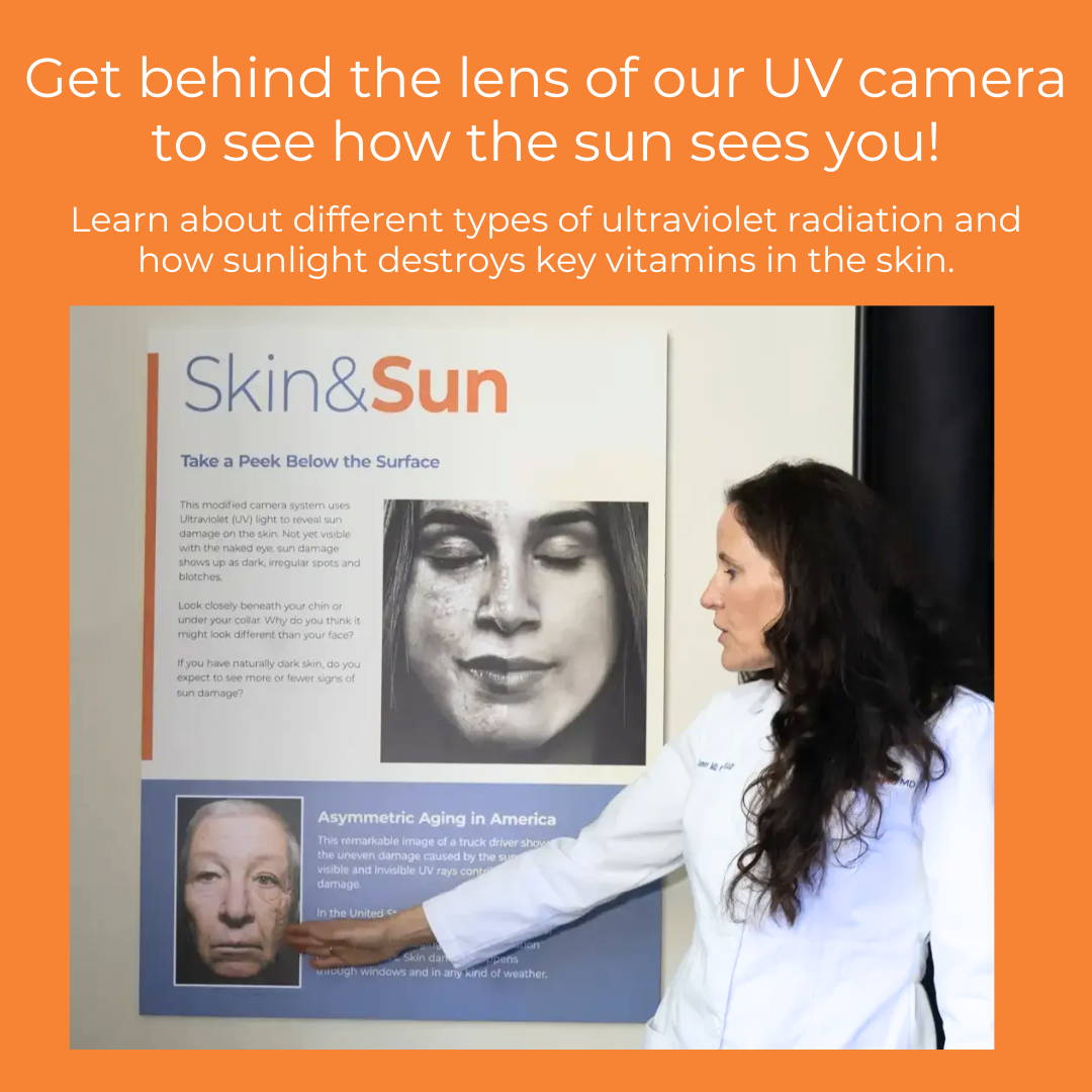 Get behind the lens of our UV Camera to see how the sun sees you! Learn about different types of ultraviolet radiation and how sunlight destroys key vitamins in the skin. Dr. Kenner gestures at an exhibit titled 