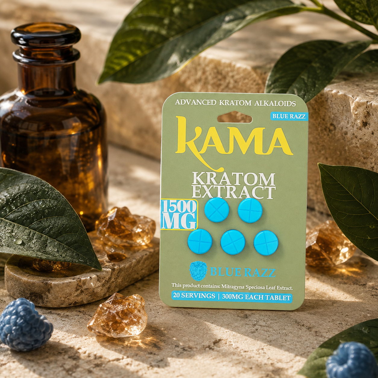 Kratom extract packaging with blue pills, surrounded by plants and a bottle.