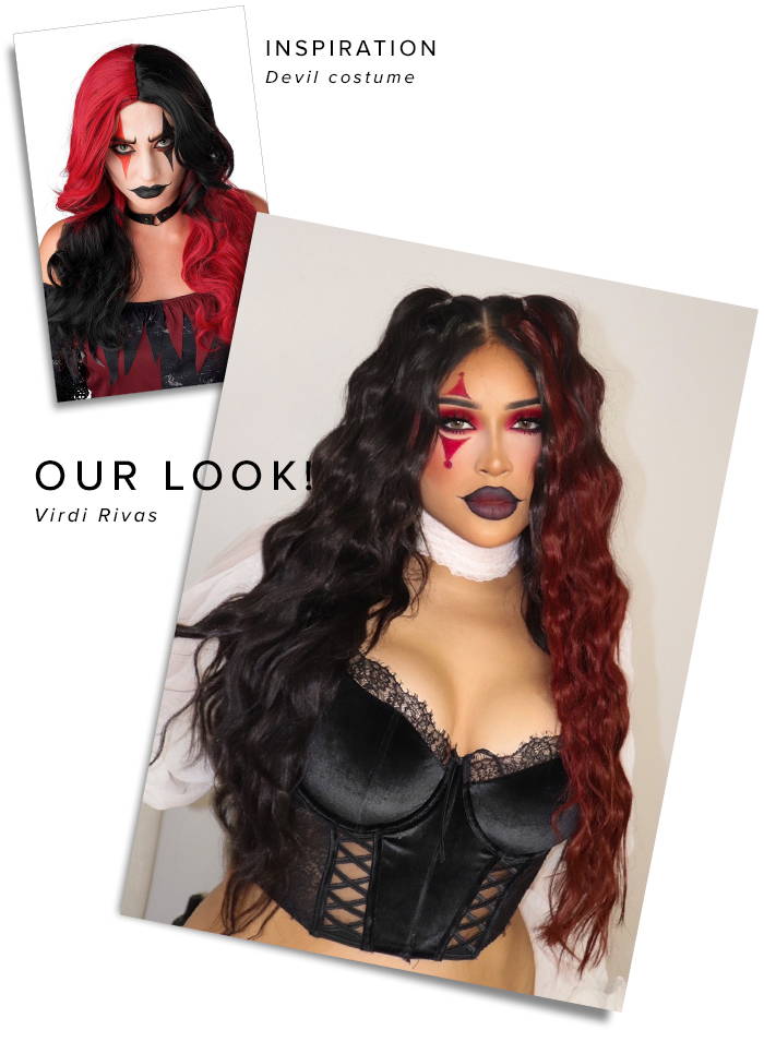 Side-by-side of a devil costume and a person with red and black hair, dramatic makeup, and a corset.