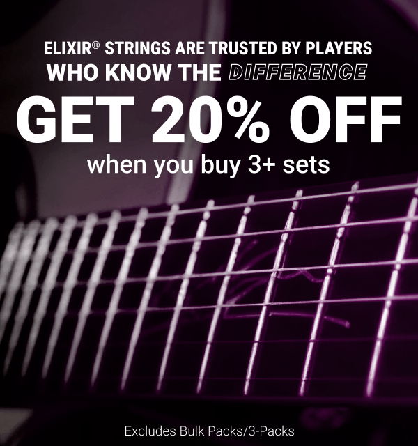 Elixir guitar strings promotion offering 20% off on multiple set purchases.
