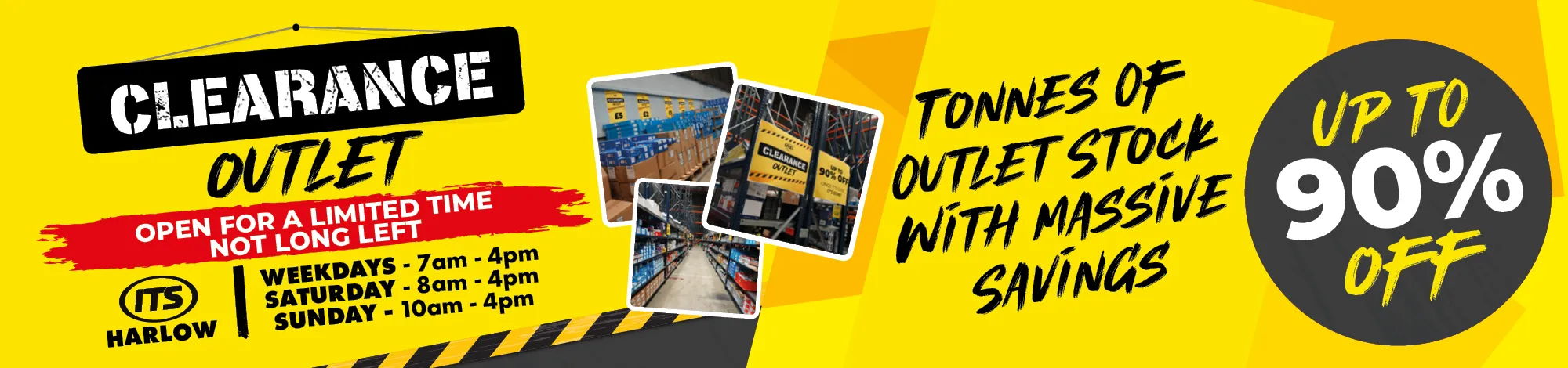 Clearance outlet advertisement promoting up to 90% off with images of products.