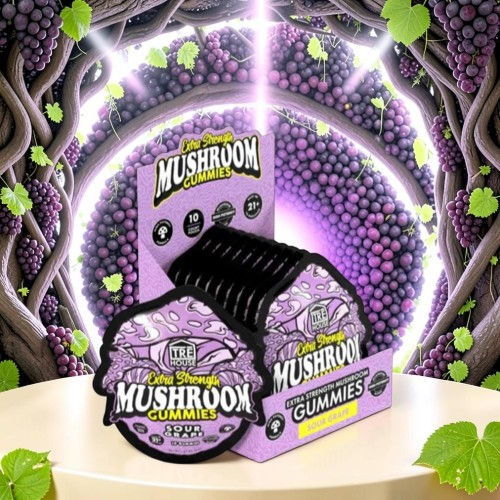 Display of mushroom gummies packaging on a vibrant, colorful background.