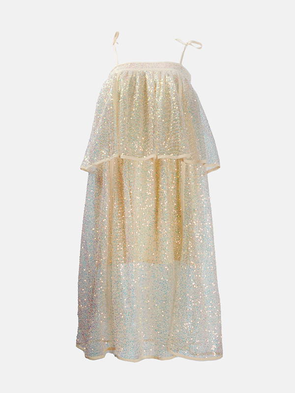 A product image of the strappy sparkly Stella Nova dress in Seashell Shimmer.