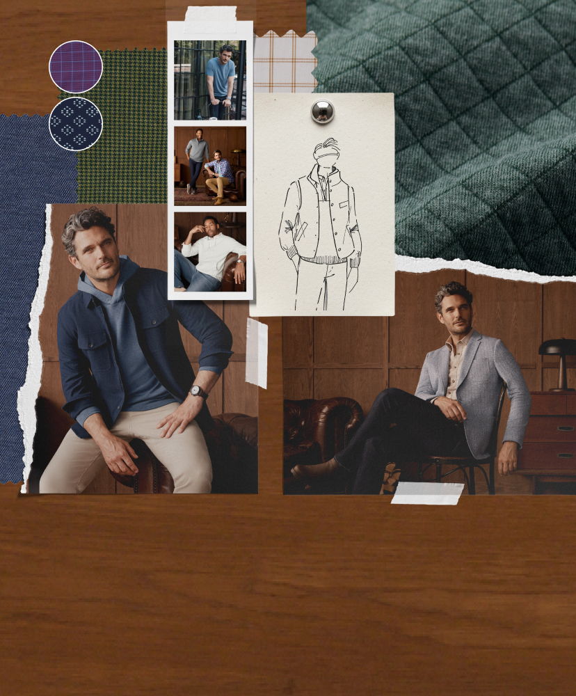 Fashion mood board featuring sketches and photos of models in stylish outfits.