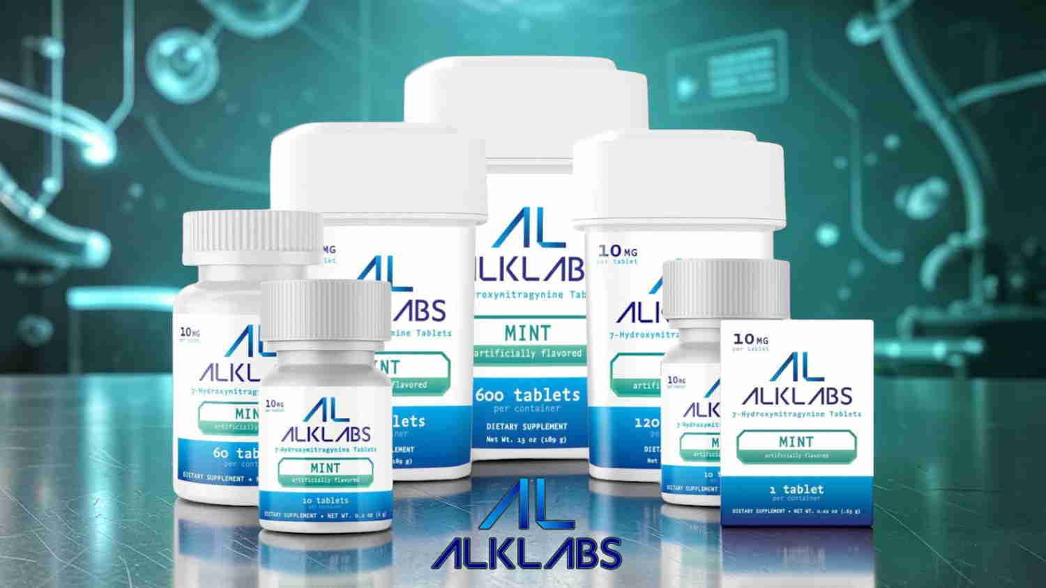 Bottles and packaging of Alklabs products on a reflective surface.