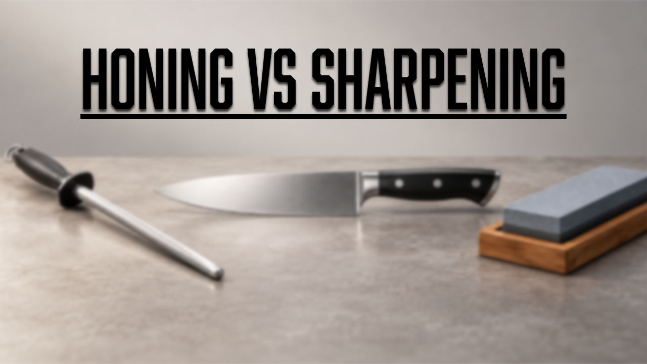A knife, honing rod, and sharpening stone with text 