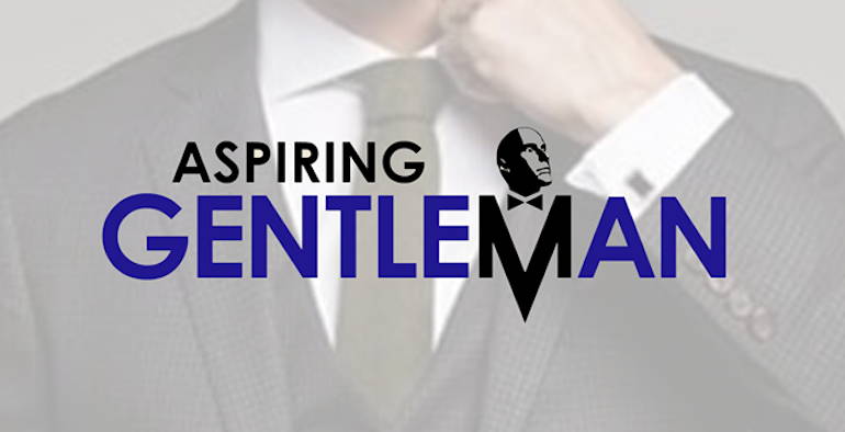 Logo for Aspiring Gentleman: a closeup of a man adjusting his collar while wearing a suit