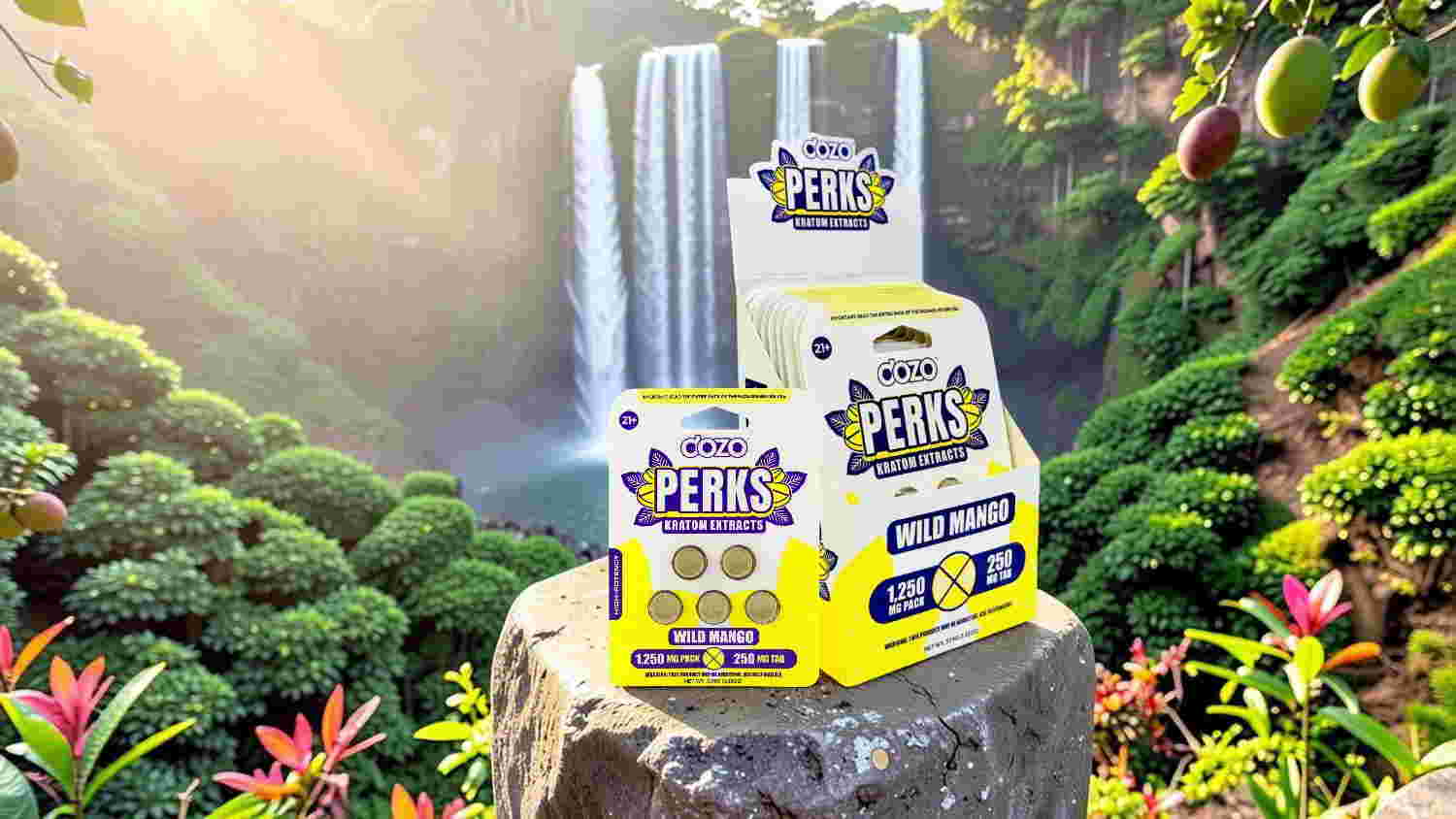 Product boxes in front of a waterfall and lush greenery.