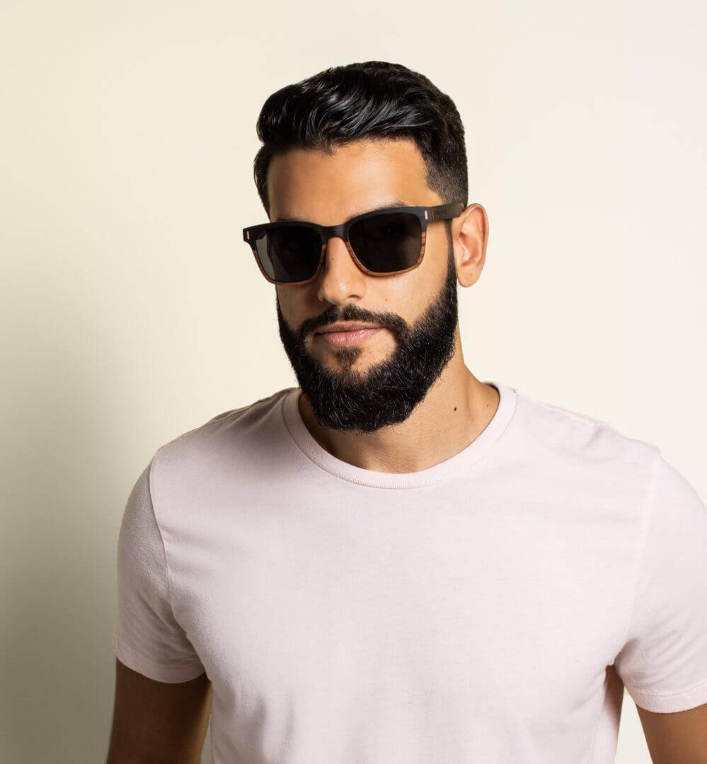 Man with diamond face shape wearing Oxford, Square Wooden Sunglasses