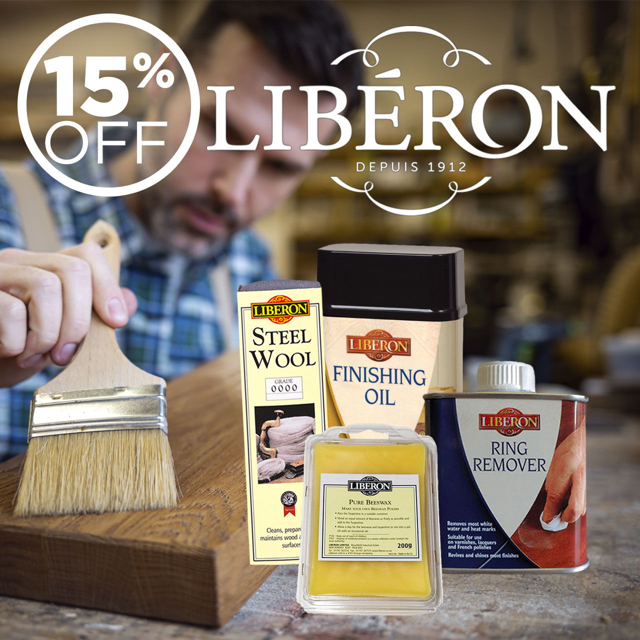 Person applying finish to wood, featuring Liberon products and a discount offer.