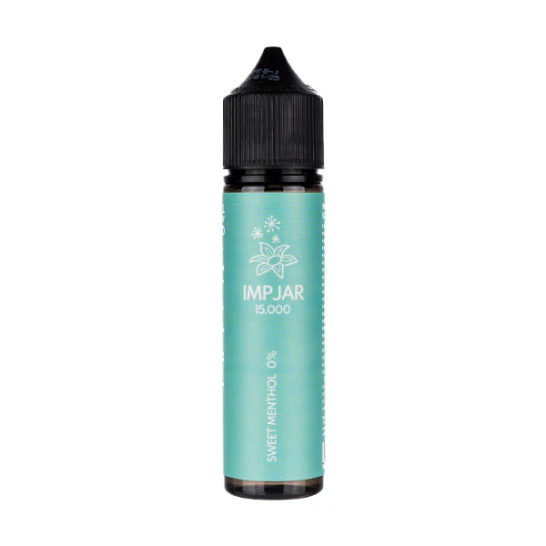 Bottle of Imp Jar shortfill e-liquid with a teal label and black cap.