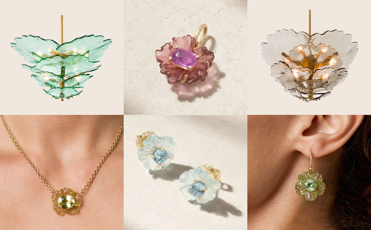 Assorted jewelry pieces including pendants and earrings in various colors.