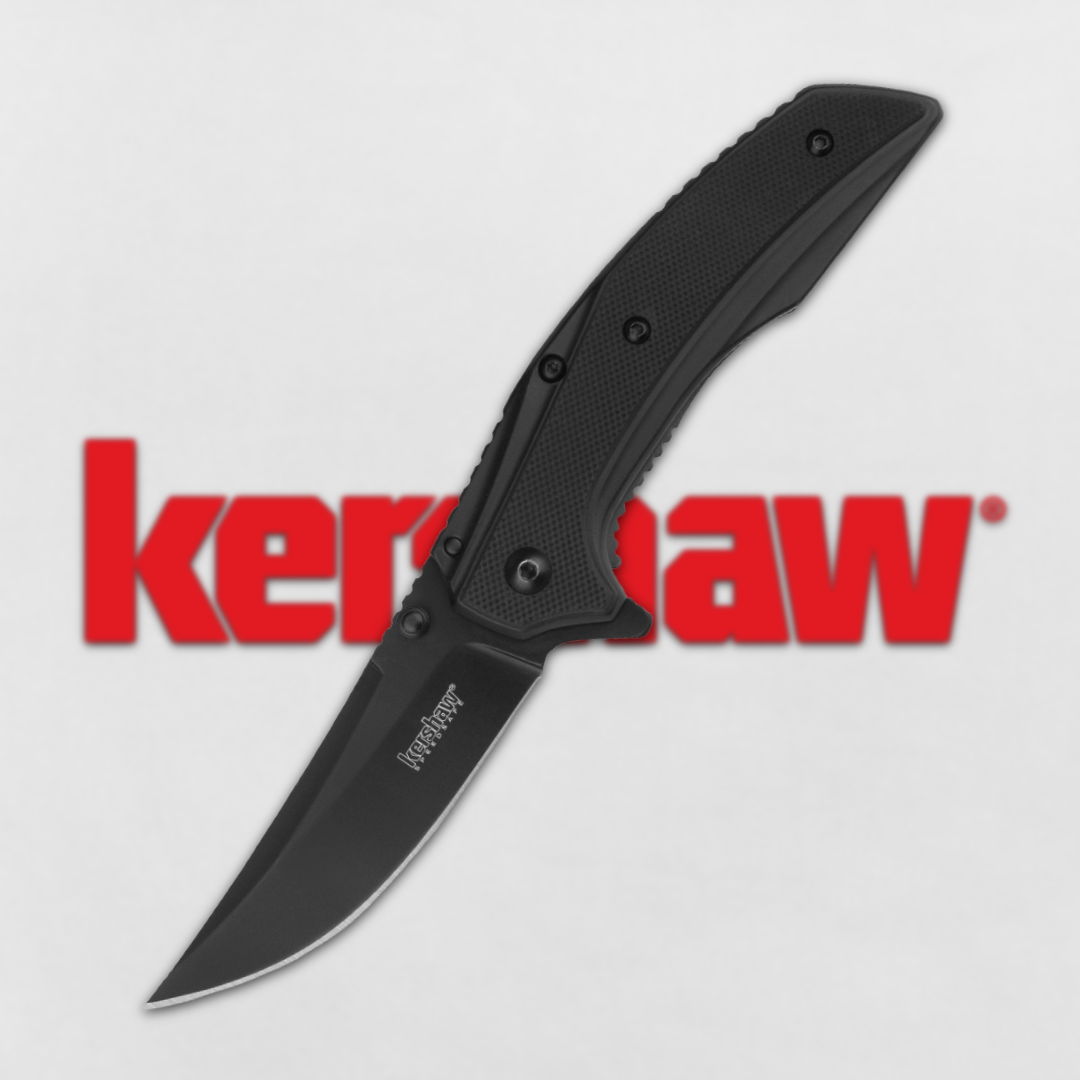 Black folding knife with Kershaw logo in the background.