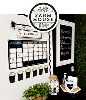 Black and white classroom wall decorated with Farmhouse calendar bulletin board set and accents