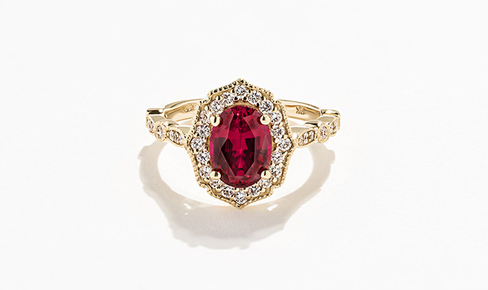 Yellow Gold Vintage Style Ring with Diamond Accenting and a Lab Created Ruby center stone