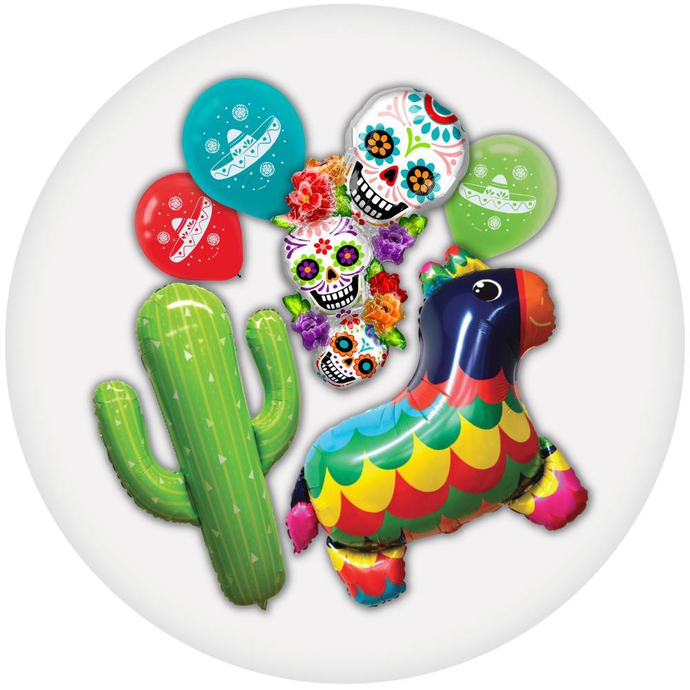 Bouquet of Mexican themed balloons. Shop all balloons for a Mexican Fiesta.