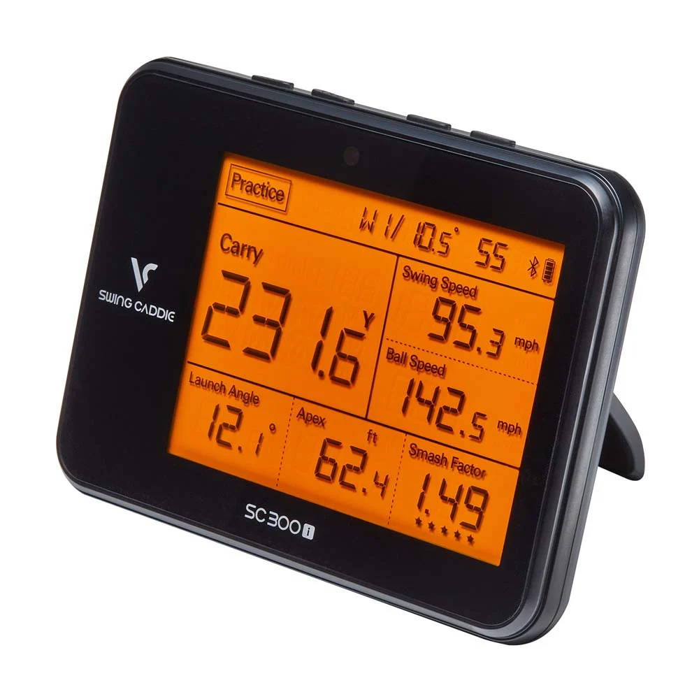 The Swing Caddie SC300i golf launch monitor with metrics showing on display