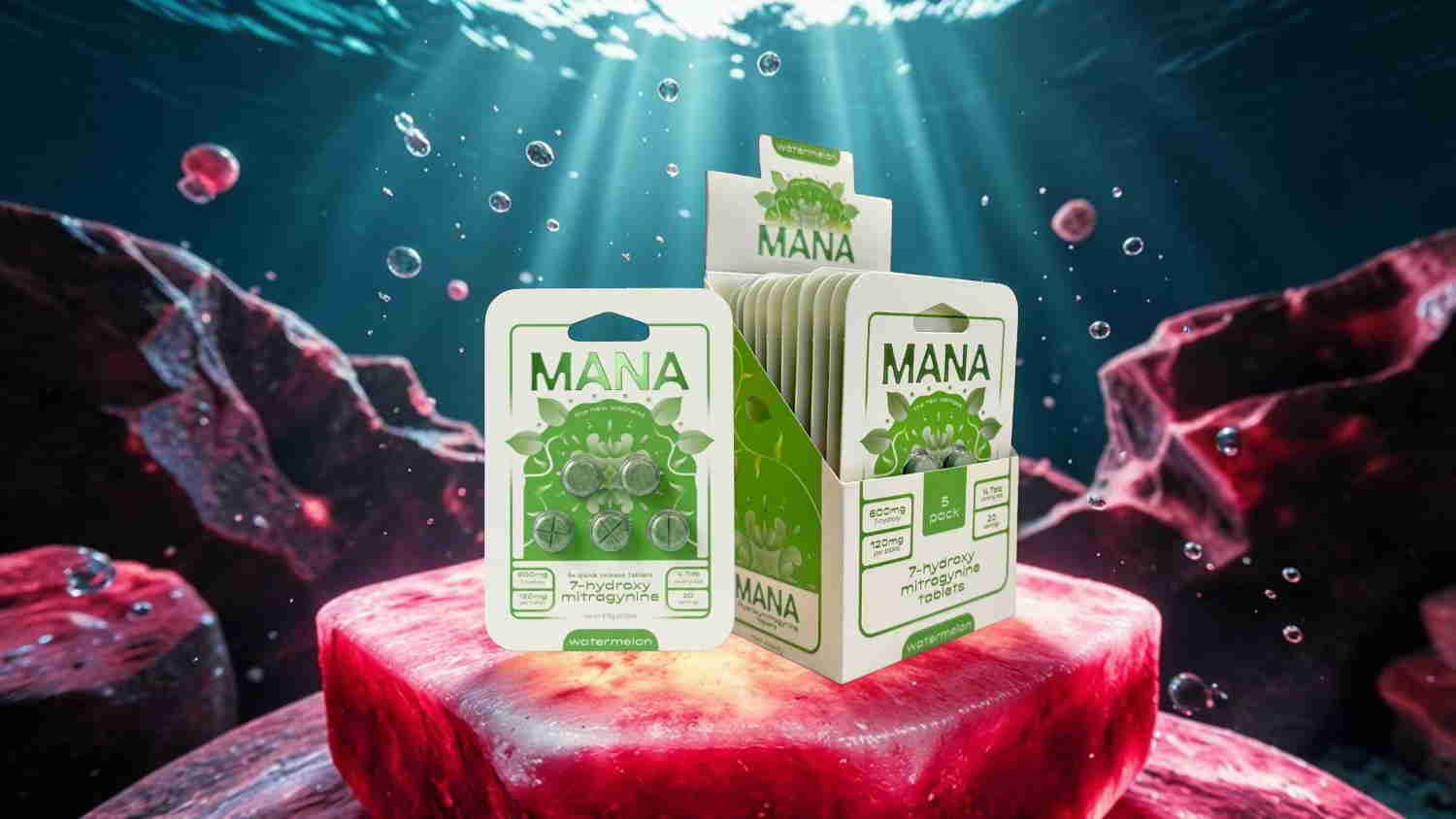 Boxes of product displayed underwater with light rays and colorful background.