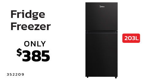 Black fridge freezer with price $385 and capacity 203L.