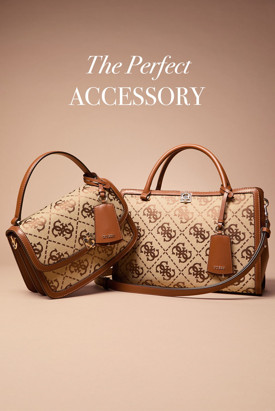 Two stylish handbags on a neutral background with text above.