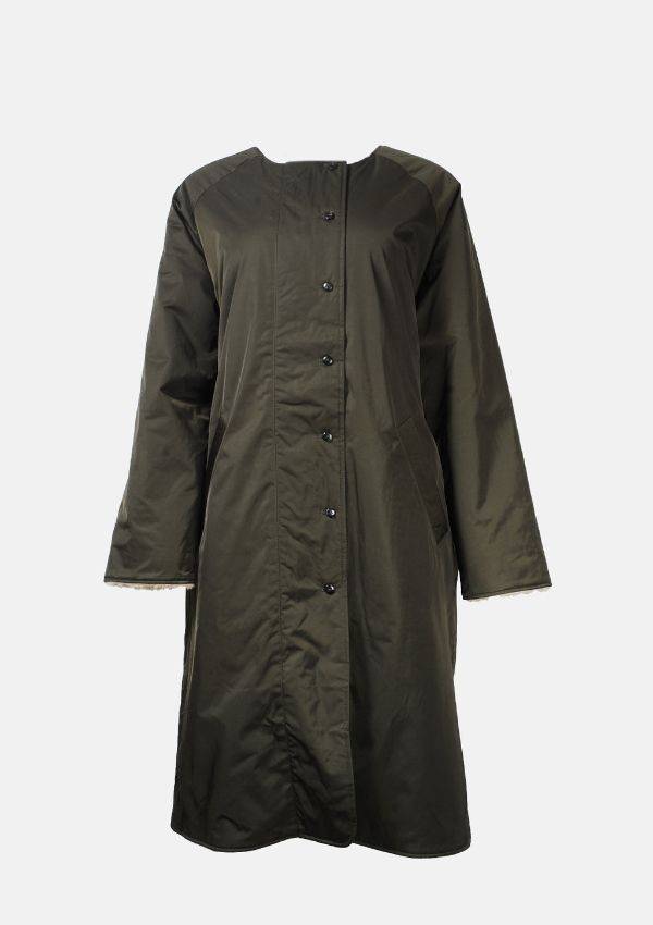 Product image of Bellerose Hanky Coat in Dark Olive. Full length, collarless parka coat with snap buttons down the front.