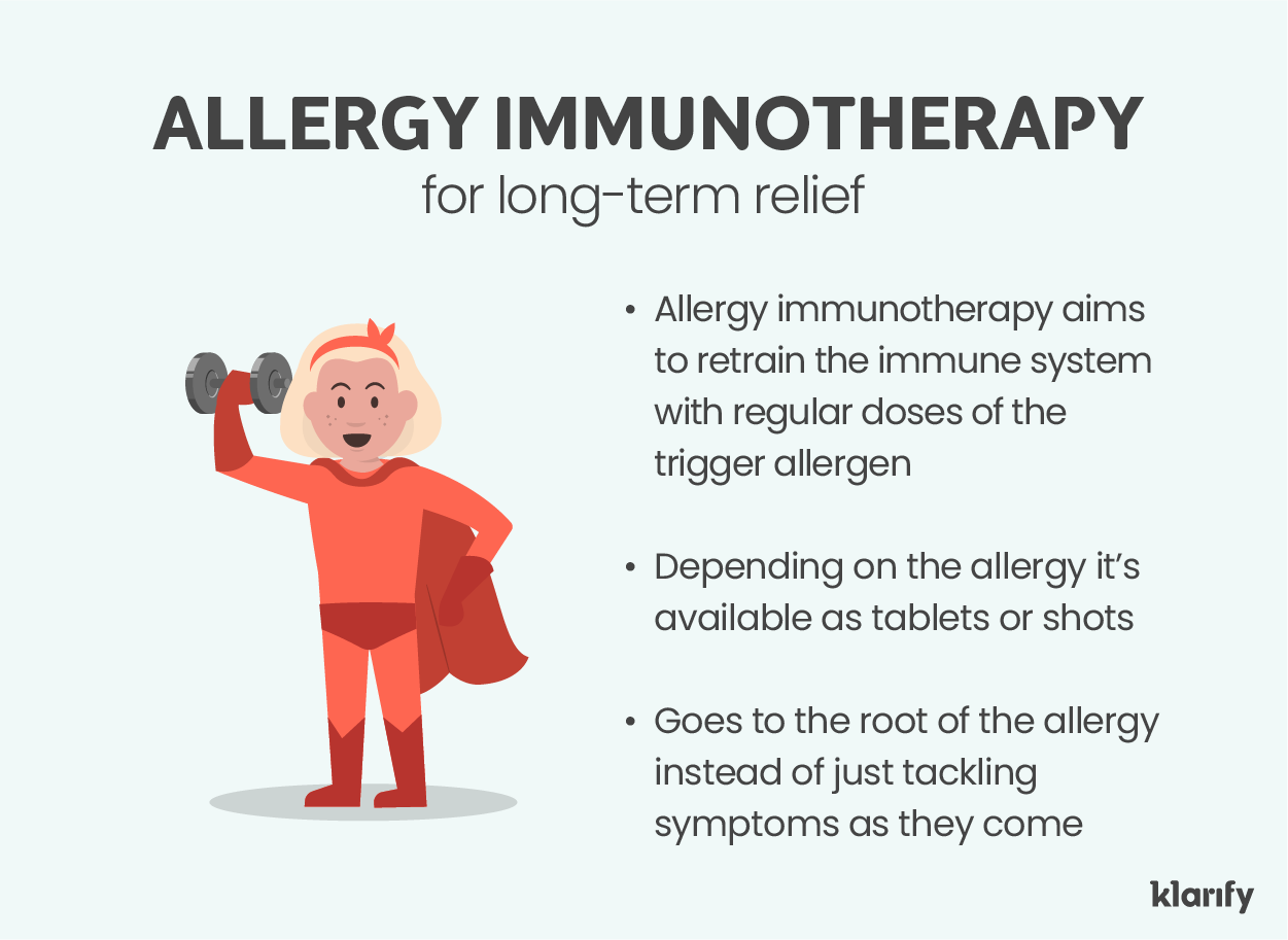 Infographic about allergy immunotherapy, an allergy medicine for kids for long-term relief. Details of the infographic listed below