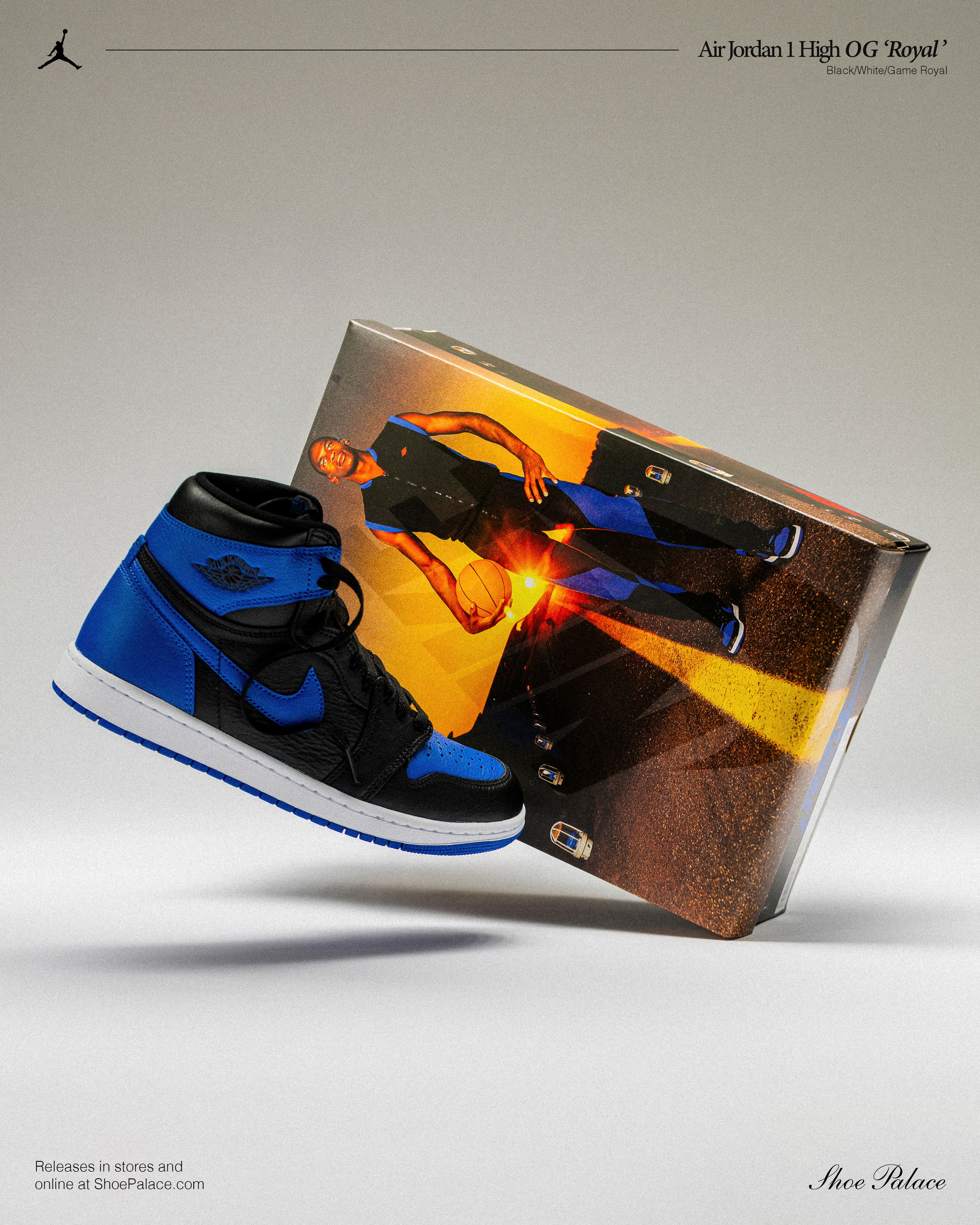 Air Jordan 1 sneakers next to their packaging, showcasing a blue and black design.