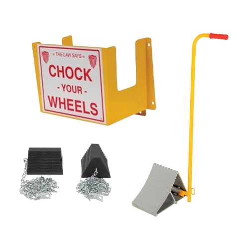 Chock your wheels sign with wheel chocks and a chock holder.