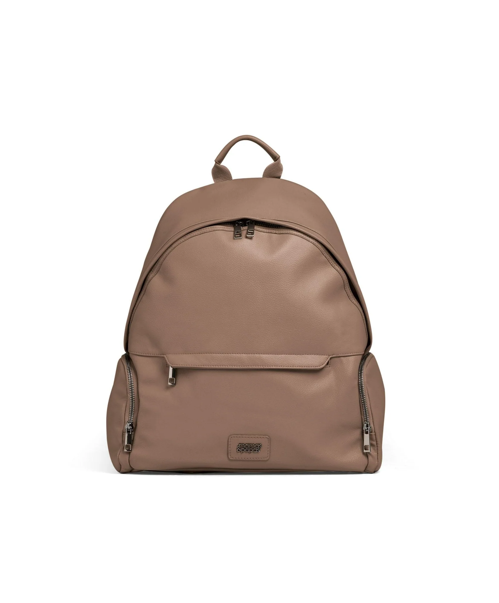 Brown leather backpack with a top handle and front pocket.